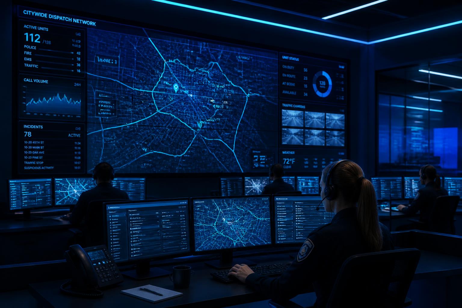 Kulmis Transportation dispatch control room with live route maps on glowing blue screens